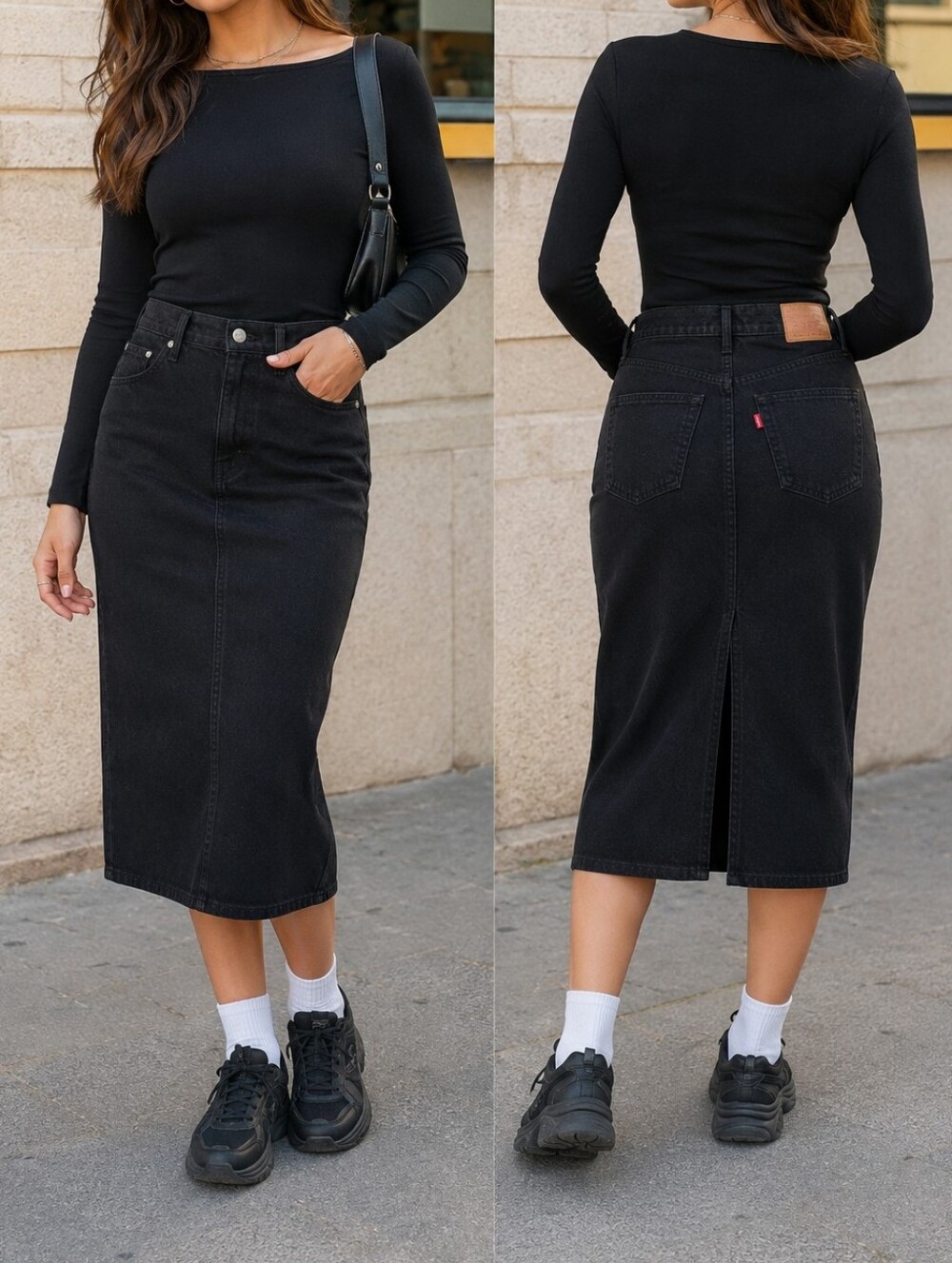NWT Levi's Black High Rise Denim Midi Pencil Skirt Back Slit 100% Cotton